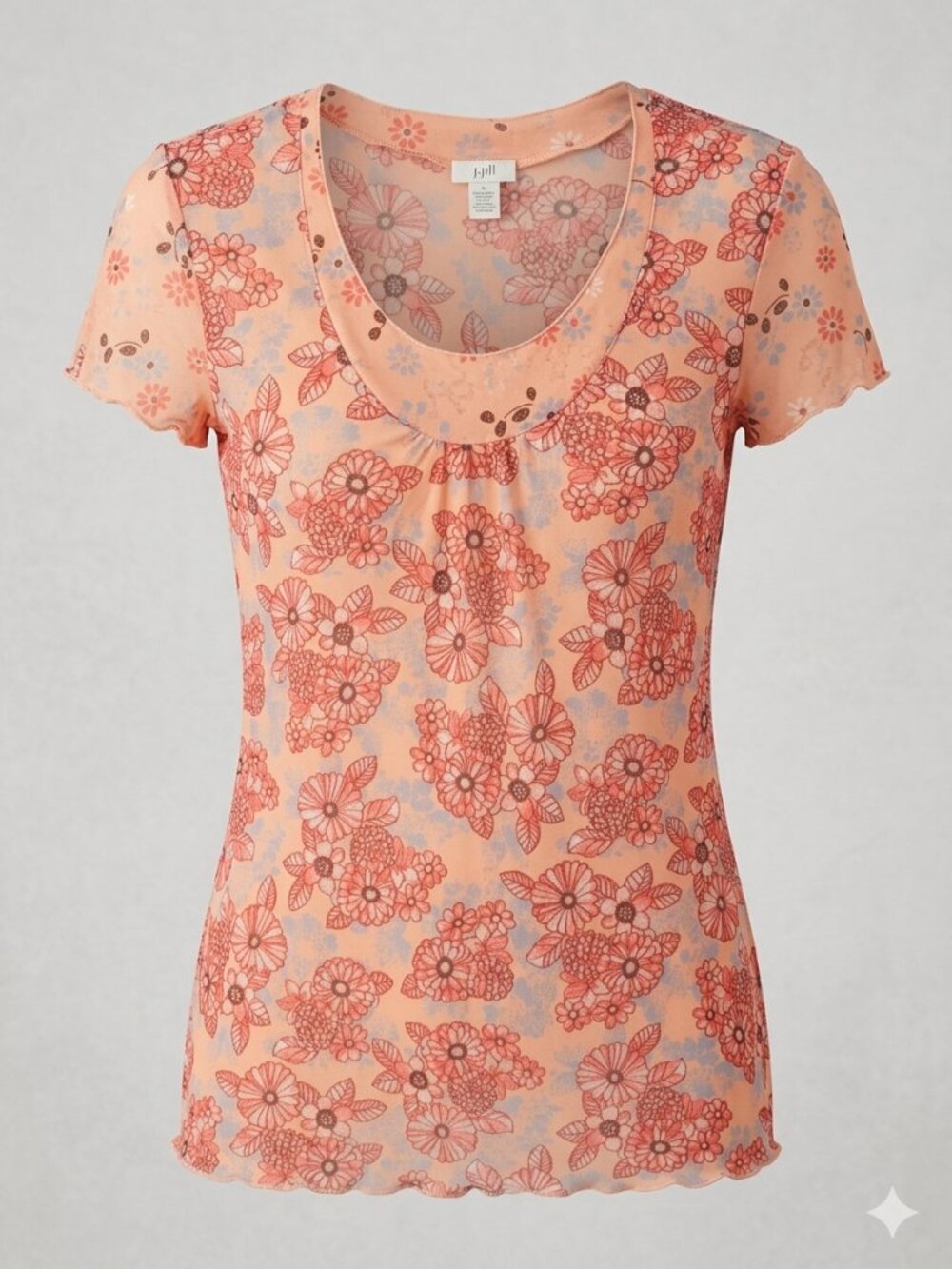 J Jill Sheer Peach Floral Cap Sleeve Scoop Neck Lightweight Cottagecore Top 4791